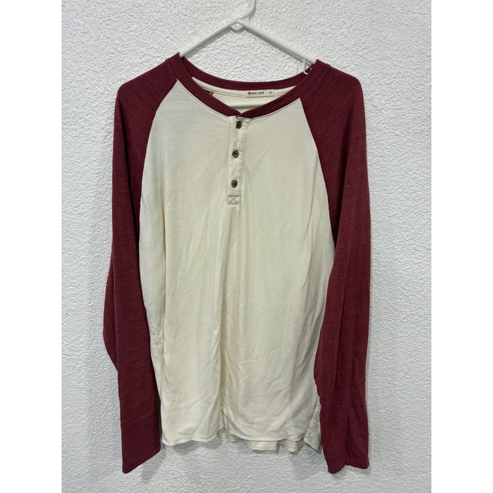 Marine Layer Henley Shirt Mens XL Cream Maroon Baseball Tee T-Shirt - Picture 1 of 3